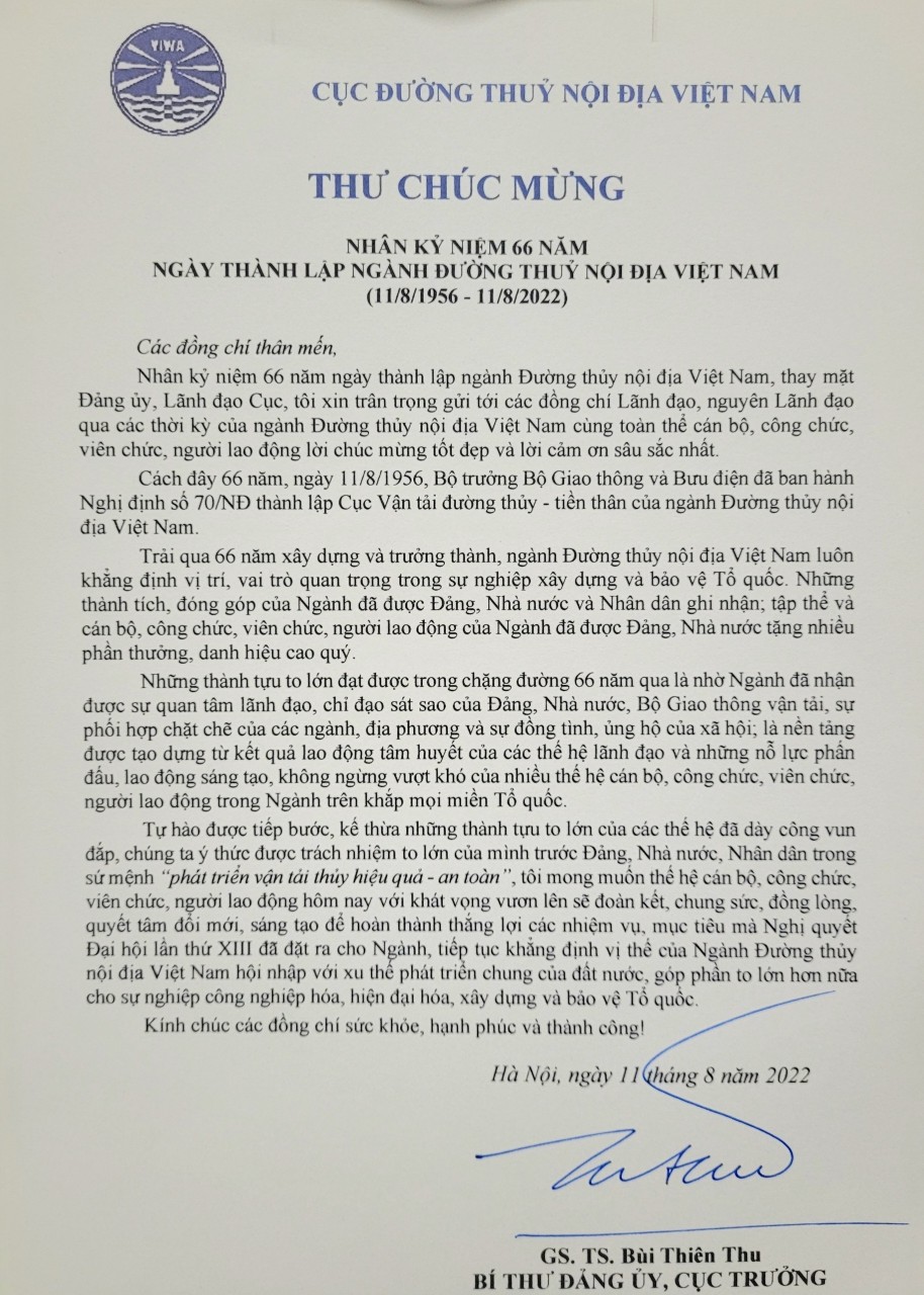 Thư chúc mừng của Cục trưởng Cục Đường thủy nội địa Việt Nam nhân kỷ niệm 66 năm ngày thành lập ngành Đường thủy nội địa Việt Nam