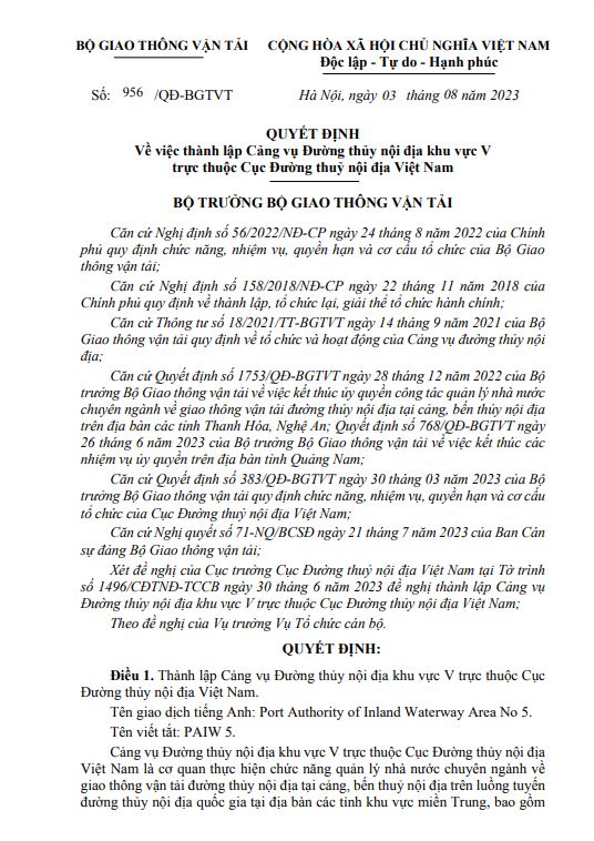 Bộ GTVT quyết định thành lập Cảng vụ Đường thủy nội địa khu vực V